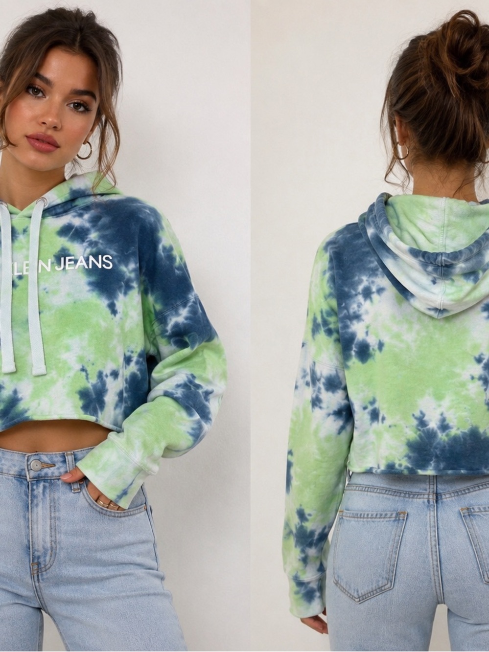 Calvin Klein Jeans Cropped Tie-Dye Hoodie - Lime & Navy